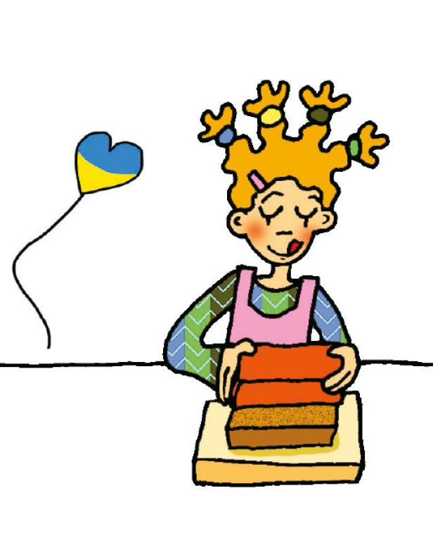 Ein Mädchen mit Zöpfen stapelt Blöcke; im Hintergrund ein Ballon in den Farben der Ukraine.