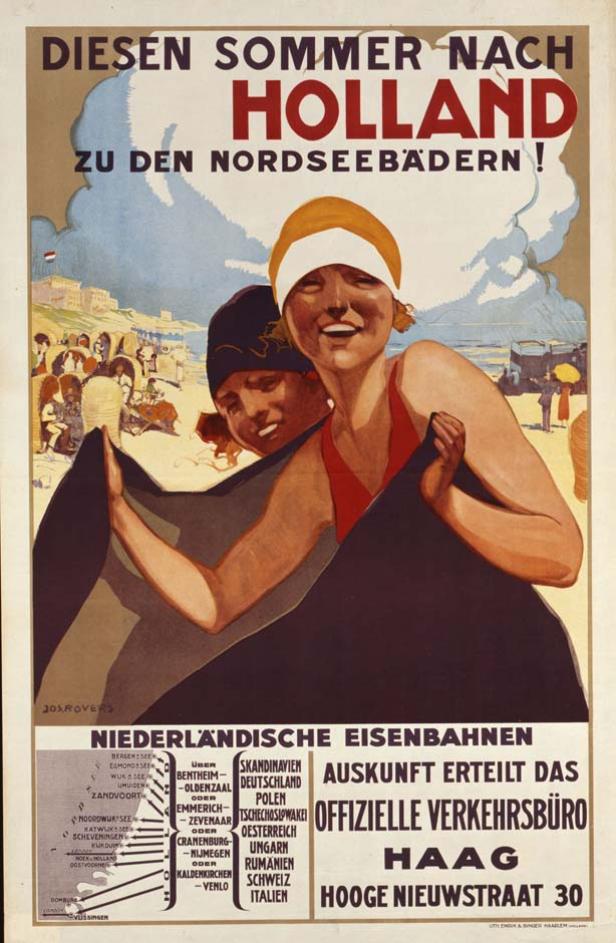 Ein Werbeplakat für Reisen nach Holland zu den Nordseebädern mit zwei lächelnden Personen im Vordergrund.