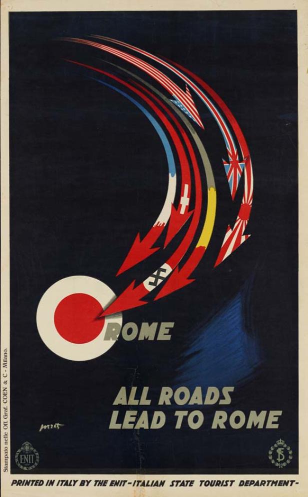 Ein Propagandaposter mit Pfeilen in den Farben verschiedener Nationalflaggen, die auf Rom zeigen.