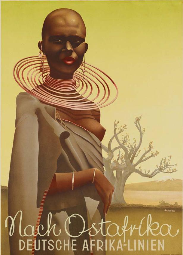 Eine Frau mit traditionellem Schmuck vor einer afrikanischen Landschaft wirbt für Reisen nach Ostafrika.