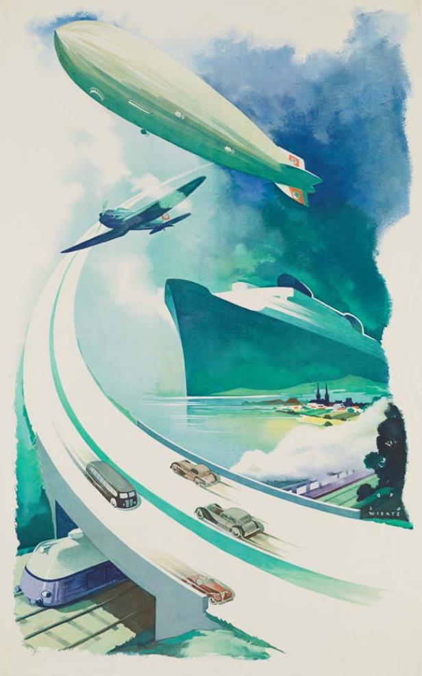 Ein Zeppelin, ein Flugzeug, ein Schiff, Autos und ein Zug auf einer stilisierten Darstellung verschiedener Transportmittel.