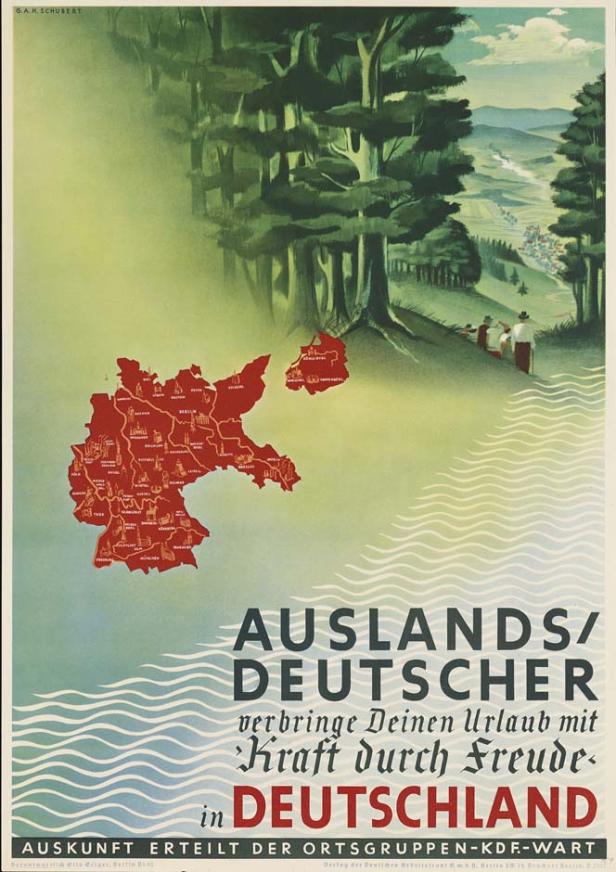 Ein Werbeplakat für Urlaube in Deutschland mit einer Karte und einer Waldlandschaft.