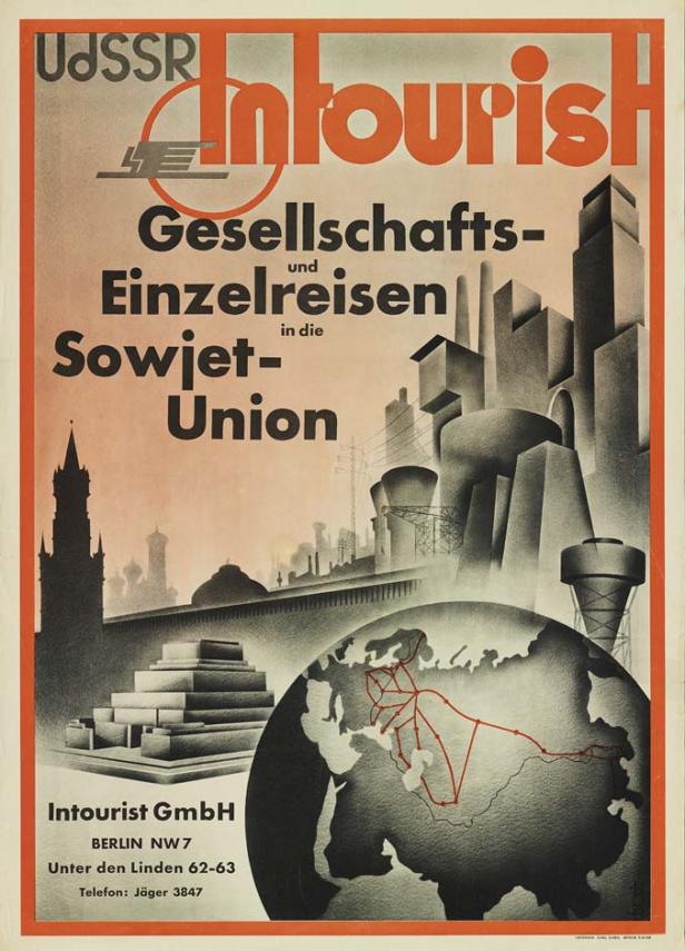 Ein Werbeplakat für „Intourist“ mit stilisierten Darstellungen von Industrie und einer Weltkarte der UdSSR.