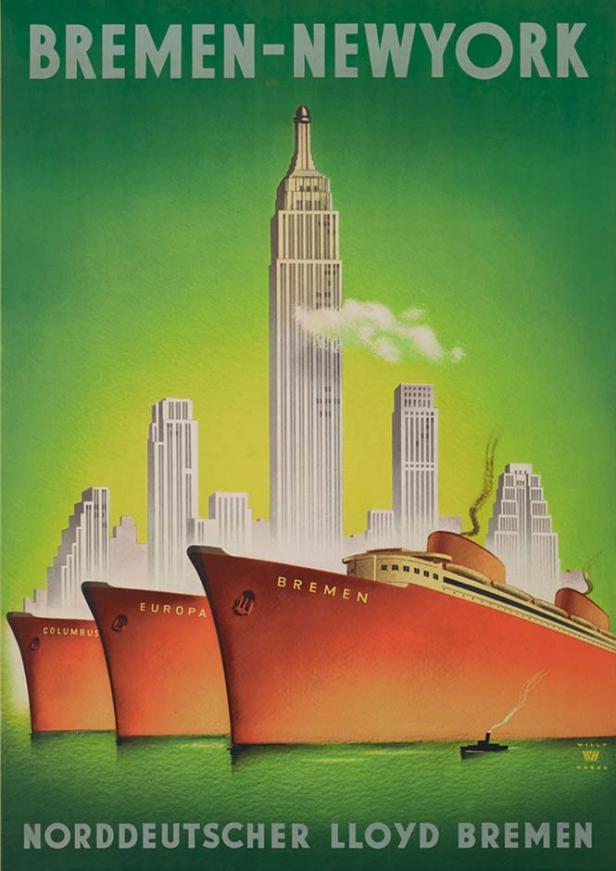 Ein Plakat der Reederei Norddeutscher Lloyd Bremen mit Schiffen vor der Skyline von New York.