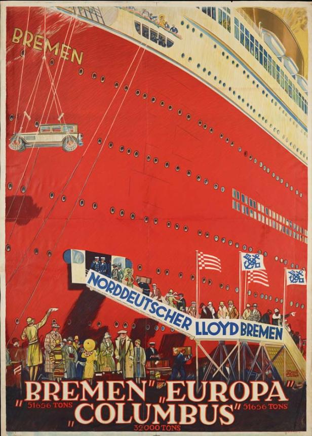 Ein Werbeplakat für die Schiffe „Bremen“, „Europa“ und „Columbus“ des Norddeutschen Lloyd.