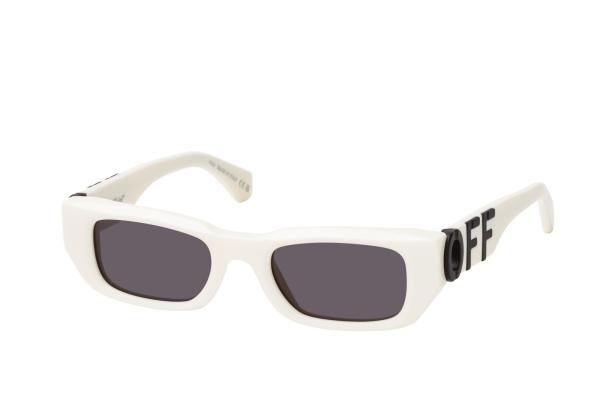 Eine weiße Sonnenbrille der Marke Off-White mit schwarzen Gläsern.