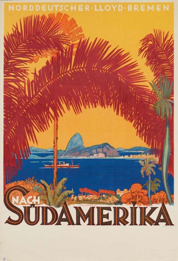 Ein farbenfrohes Reiseplakat von Norddeutscher Lloyd Bremen wirbt für Reisen nach Südamerika.