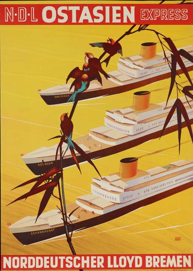 Ein Plakat für den Norddeutschen Lloyd Ostasien Express mit stilisierten Schiffen und Vögeln.