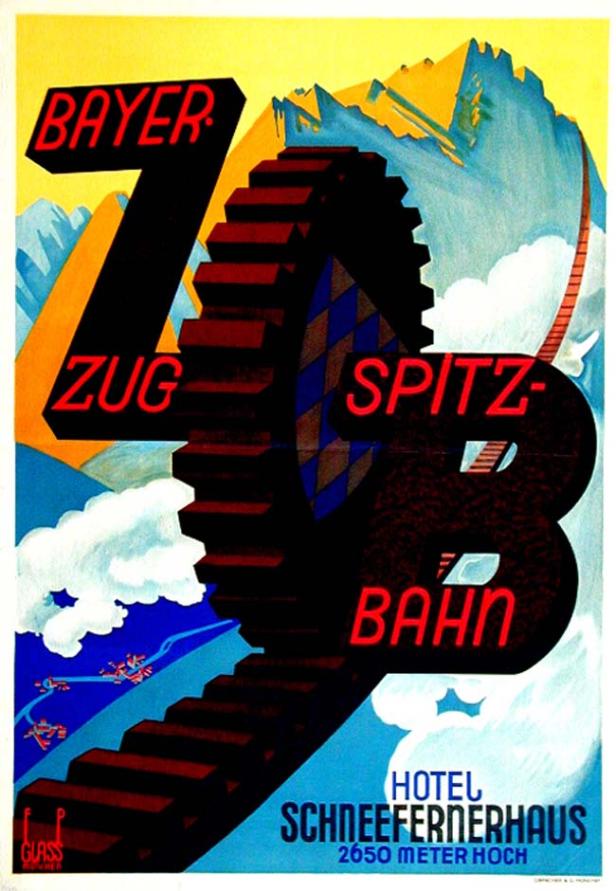 Ein Werbeplakat für die Bayerische Zugspitzbahn mit stilisierten Bergen im Hintergrund.