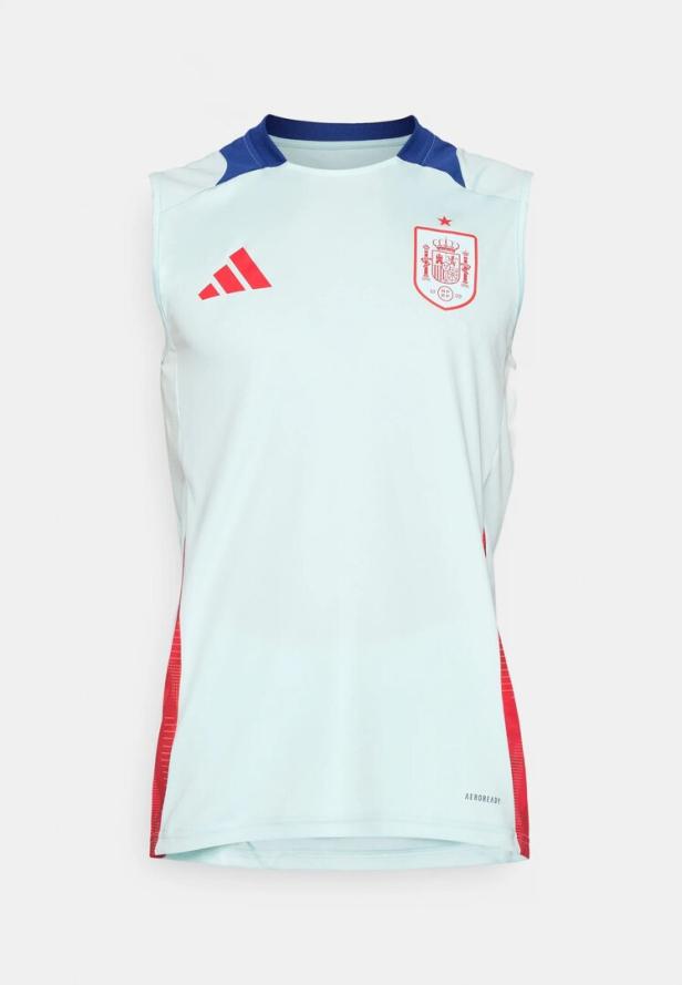 Ein ärmelloses, hellblaues Spanien-Trainingsshirt von Adidas mit rotem Logo und Wappen.