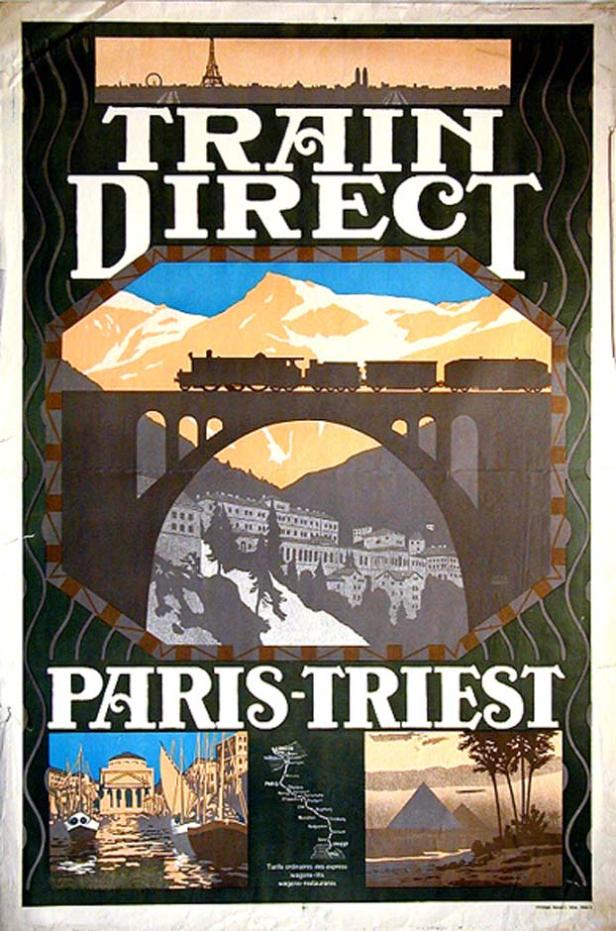 Ein historisches Plakat für eine direkte Zugverbindung zwischen Paris und Triest.