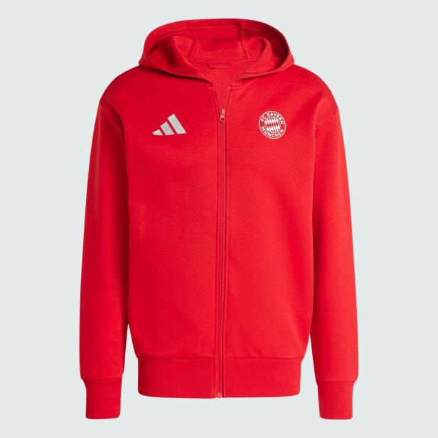 Ein roter FC Bayern München Hoodie mit Reißverschluss von Adidas.