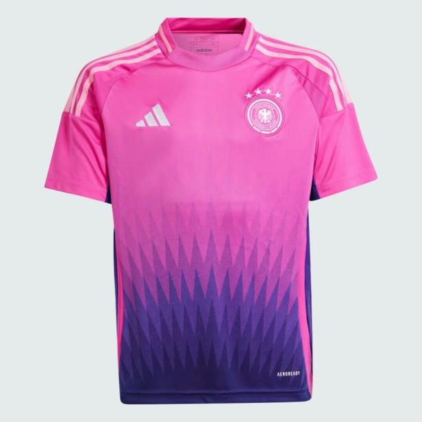 Ein pinkes Deutschland-Trikot mit lila Zackenmuster und Adidas-Logo.