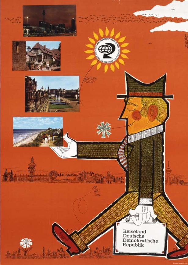 Ein Werbeplakat für das Reiseland Deutsche Demokratische Republik mit verschiedenen Sehenswürdigkeiten.