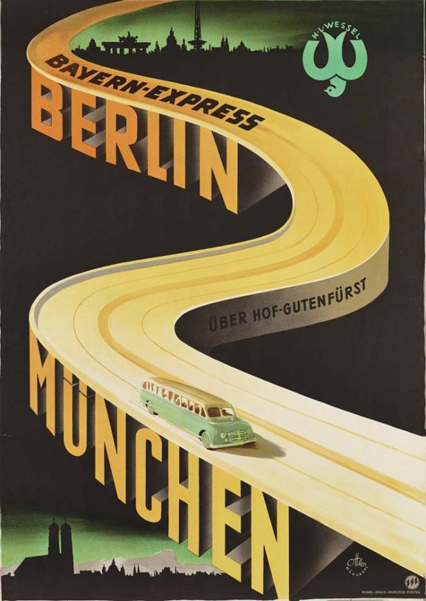 Ein Werbeplakat für den Bayern-Express Bus von München über Hof-Gutenfürst nach Berlin.