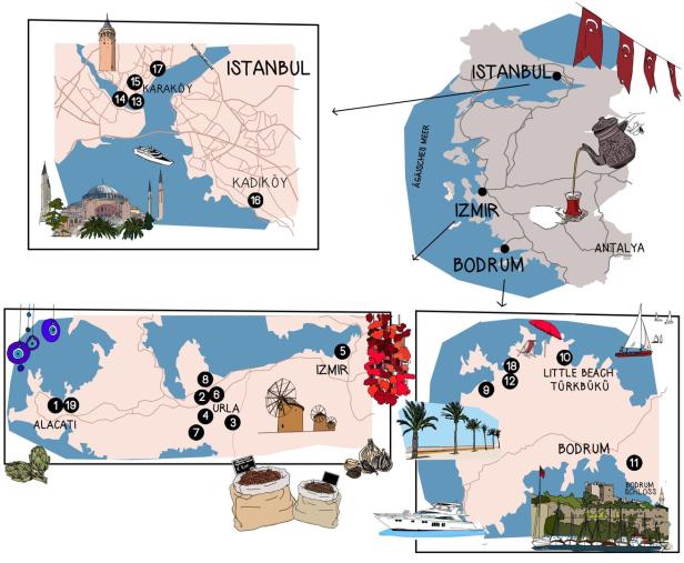 Eine illustrierte Karte der türkischen Küstenstädte Istanbul, Izmir, Bodrum und Alacati.
