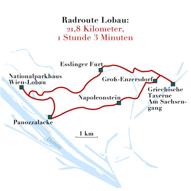 Eine Karte der Radroute Lobau, die 21,8 Kilometer lang ist und 1 Stunde 3 Minuten dauert.