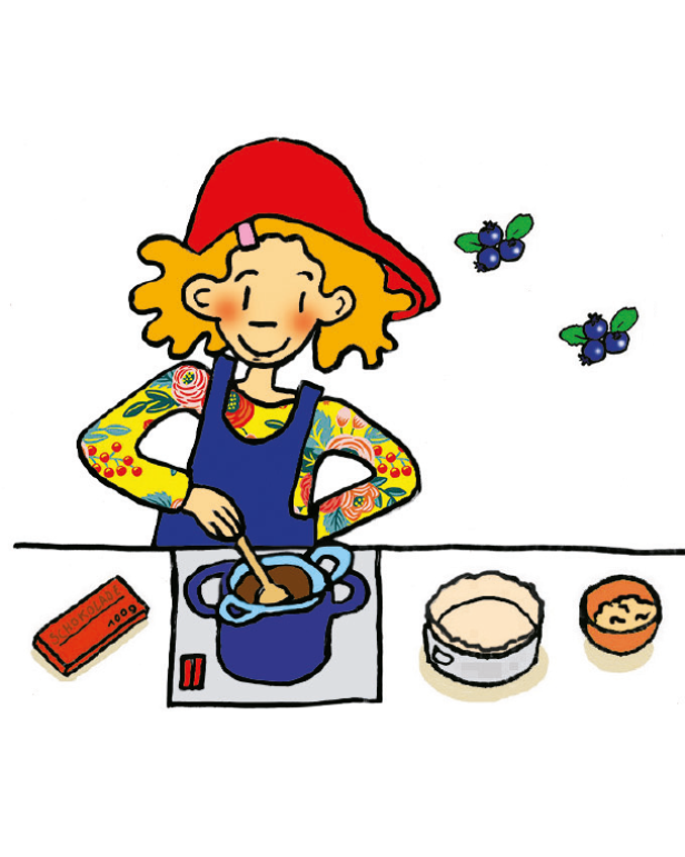 Ein Mädchen mit rotem Hut rührt Schokolade in einem Topf für eine Eistorte.