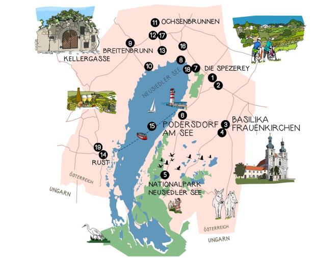 Eine illustrierte Karte des Neusiedler Sees mit Sehenswürdigkeiten und Ortsnamen.