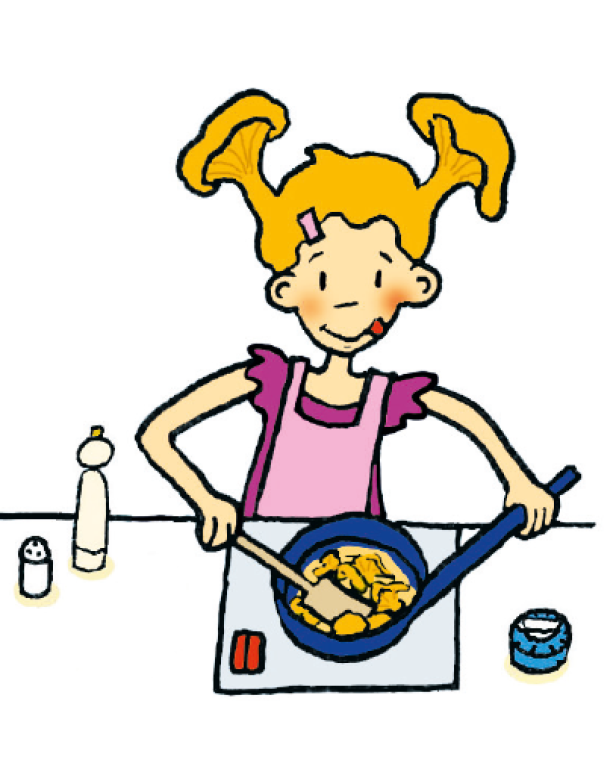 Ein Mädchen mit Zöpfen kocht in einer blauen Pfanne.