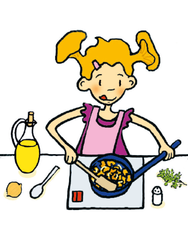 Ein Mädchen mit blonden Zöpfen kocht in einer blauen Pfanne.