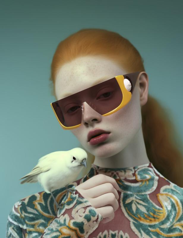 Eine Frau mit roten Haaren und Sonnenbrille hat einen kleinen, weißen Vogel auf der Hand sitzen.