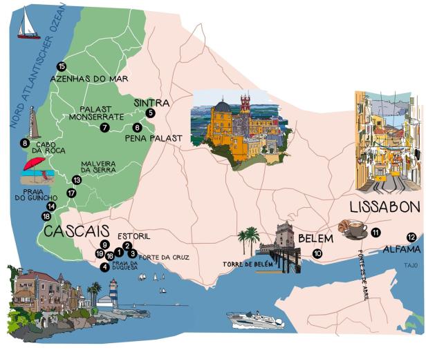 Eine Karte der Region um Cascais, Sintra und Lissabon mit Sehenswürdigkeiten.