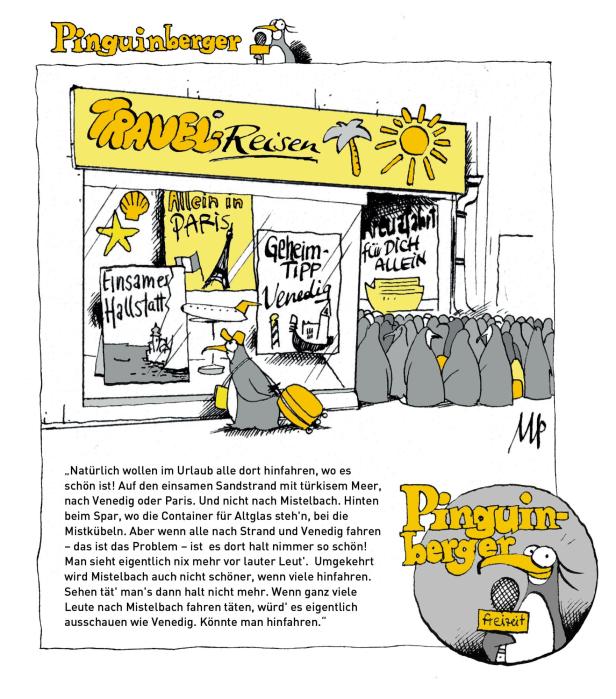 Eine Karikatur von Pinguinen vor einem Reisebüro mit dem Titel „Travel Reisen“.