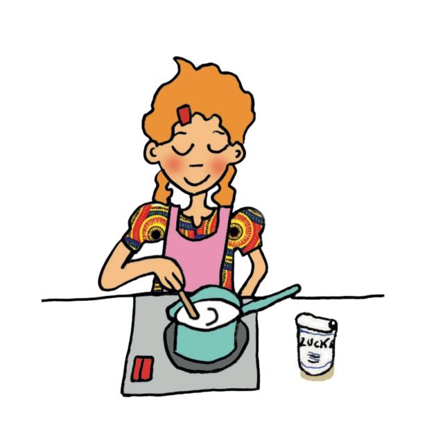 Ein Mädchen mit Zöpfen kocht mit Zucker in einem Topf.