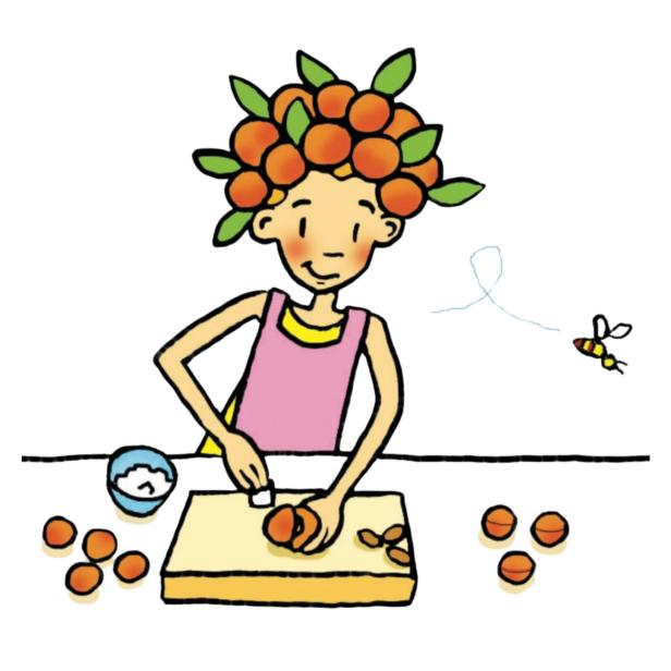 Eine Frau mit Aprikosen im Haar schneidet Aprikosen für Marillenknödel.