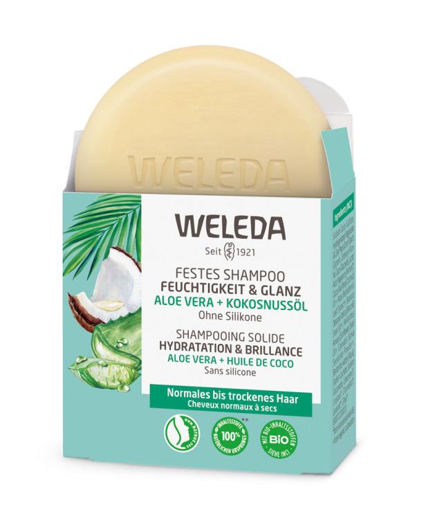 Ein festes Shampoo von Weleda mit Aloe Vera und Kokosnussöl in einer Pappverpackung.