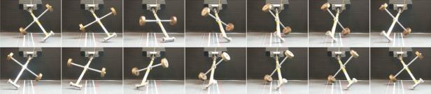 Eine Serie von Bildern, die einen Roboter mit Rädern in verschiedenen Positionen zeigen.