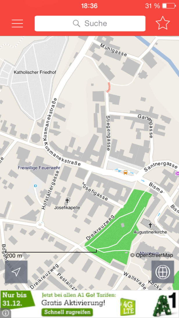 Eine Kartenansicht mit Straßen, einem Friedhof und der Augustinerkirche.