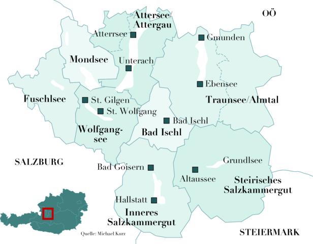 Eine Karte des Salzkammerguts mit Seen wie Attersee, Mondsee, Wolfgangsee und Grundlsee.