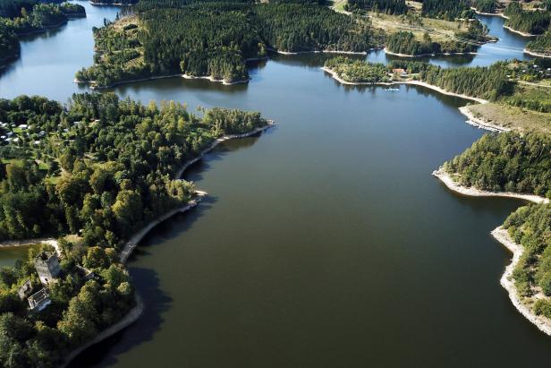 Am Ufer eines grün-braunen verzweigten Sees stehen viele Bäume. Der Ottensteiner Stausee und Dobra könnten auch in Kanada liegen.