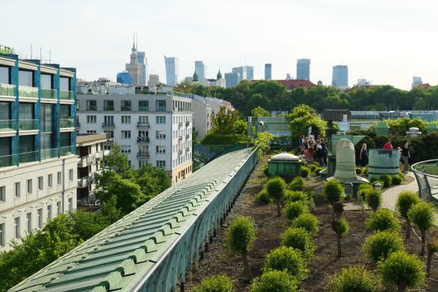 Botanischer Garten auf dem Dach der Universitätsbibliothek in Warschau, im Hintergrund die moderne Skyline