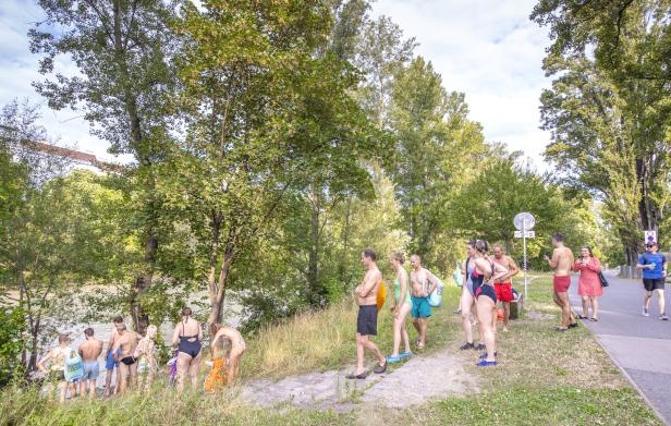 Eine Böschung hinunter zum Donaukanal. Es warten Menschen in Badekleidung, dass sie ins Wasser können. Im Hintergrund laufen Jogger vorbei.