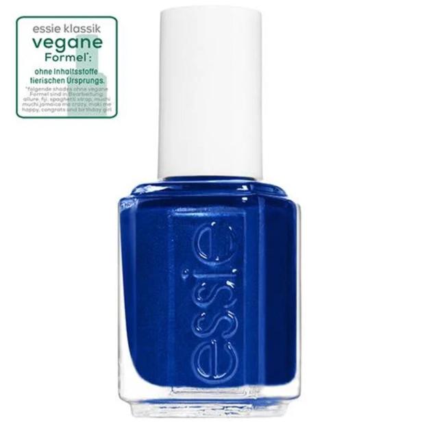 Ein Fläschchen blauer Nagellack der Marke Essie mit dem Hinweis „vegane Formel“.
