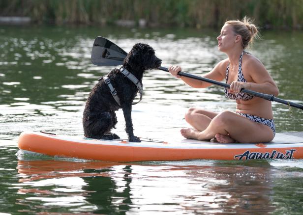 AUSTRIA-WEATHER-FEATURE-HEATWAVE Frau mit Hund auf Stand Up Paddle