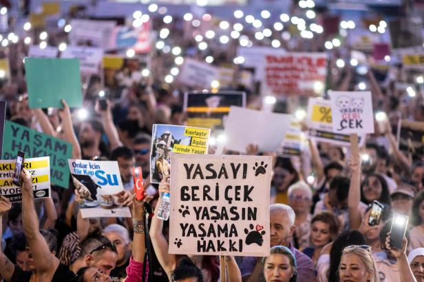 Eine Menschenmenge demonstriert mit Schildern für Tierrechte.