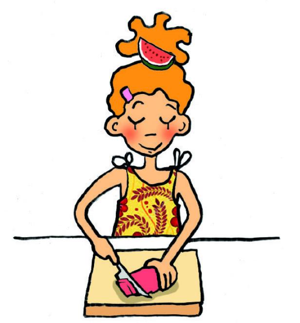 Eine Illustration einer Frau, die eine Melone schneidet und eine Melonenscheibe im Haar trägt.