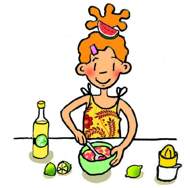 Ein Mädchen bereitet Melonenbowle zu.