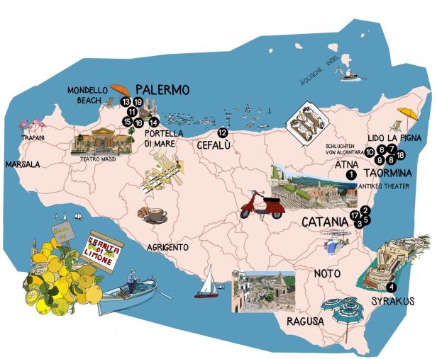 Eine illustrierte Karte von Sizilien mit Sehenswürdigkeiten wie Palermo, Catania und dem Ätna.