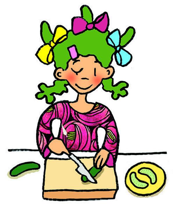 Ein Mädchen mit grünen Haaren und Schleifen schneidet Gurken.