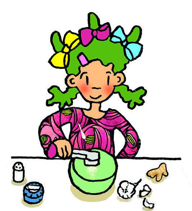 Ein Mädchen mit grünen Haaren bereitet eine Mahlzeit mit Gurken zu.
