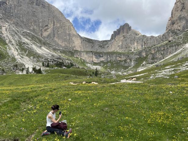 Frau sitzt in einer Almwiese vor Bergkulisse in den Dolomiten und fotografiert Wiesenblumen