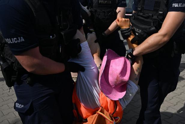 Polizisten tragen eine Person mit rosa Hut weg.