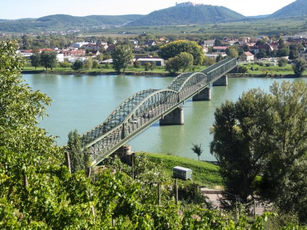 Eine grüne Stahlbrücke führt über einen breiten Fluss, im Hintergrund liegen Häuser und bewaldete Hügel.