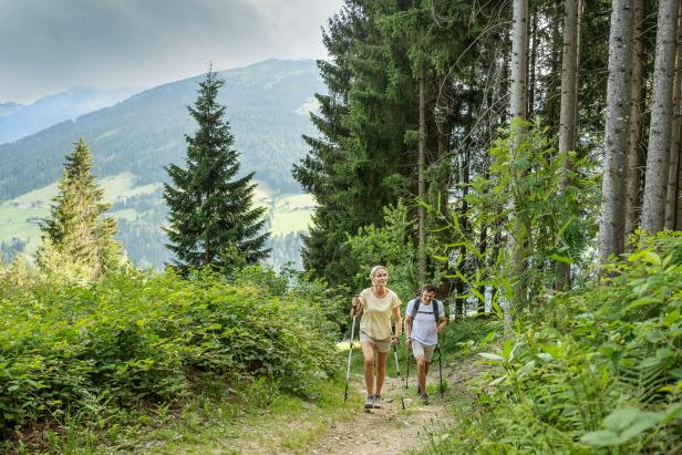 Zwei Wanderer im Alpbachtal im Sommer auf einem Wanderweg neben einem Wald