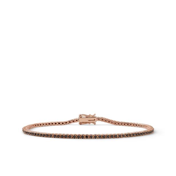 Ein zartes, roségoldenes Armband mit schwarzen Steinen auf weißem Grund.